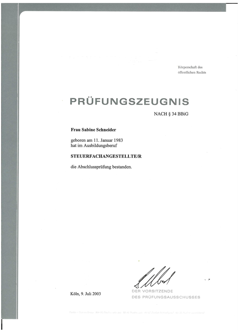 Ausbildungszeugnis Steuerfachangestellte Sabine Zentner